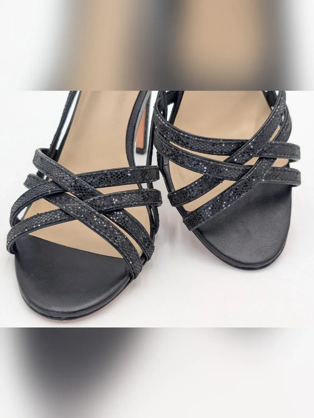 Kate Spade New York Size 9.5M Black Glitter Strappy Slingback Vero Cuoio Heel